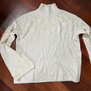 NWOT Cece Floral Embroidered Mock Neck Bell-Sleeve Sweater White Sz Small